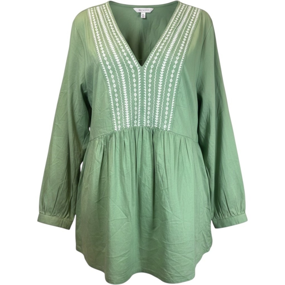 Lane Bryant XL Embroidered Peasant Blouse Green White Cotton Cottagecore Top